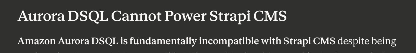 Newspaper headline: Aurora DSQL Cannot Power Strapi CMS