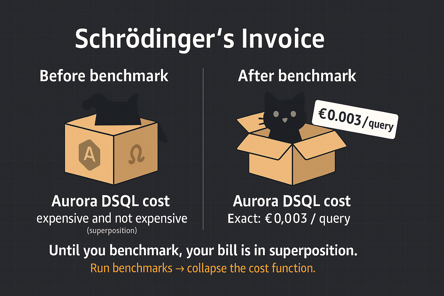 Meme: Schrödinger's Invoice. Until you benchmark, your bill is in superposition.